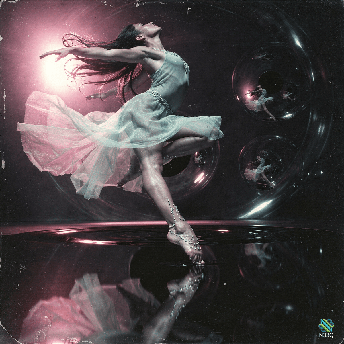 Dancer Leaping Amid Reflective Spheres
