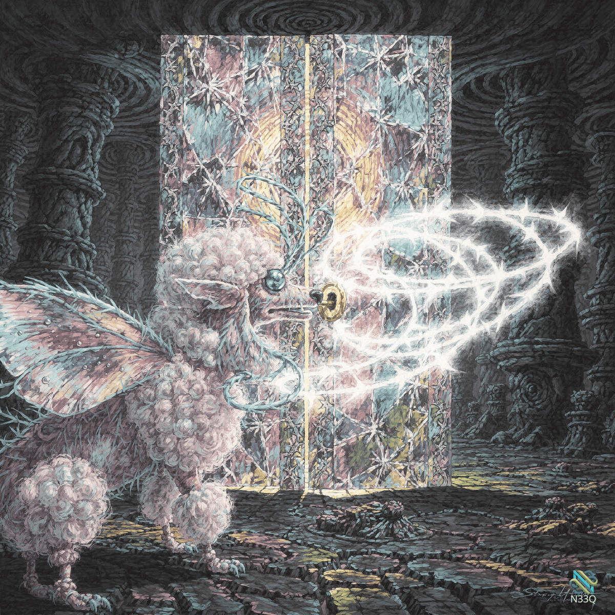 Fluffy Winged Creature Before Starry Ornate Door