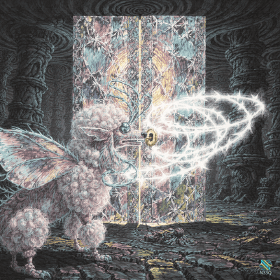 Fluffy Winged Creature Before Starry Ornate Door