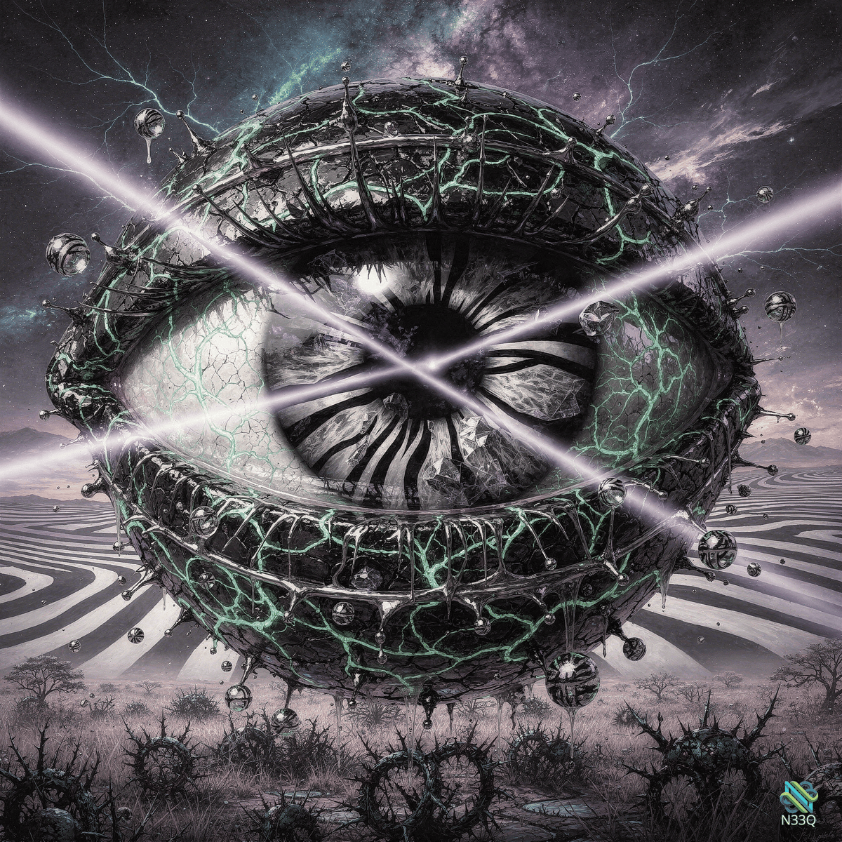 Glowing Cracked Eye Over Striped Wasteland