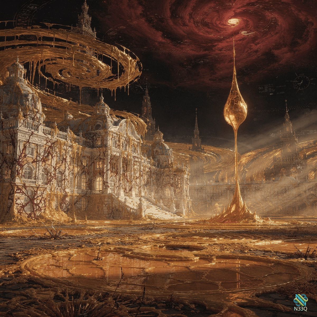 Golden Teardrop Over Melting Baroque Palace