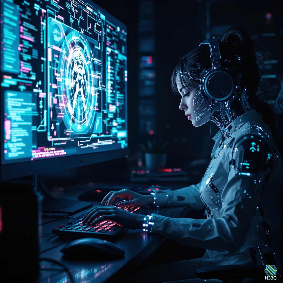 Cyborg Woman at Neon Computer Workstation