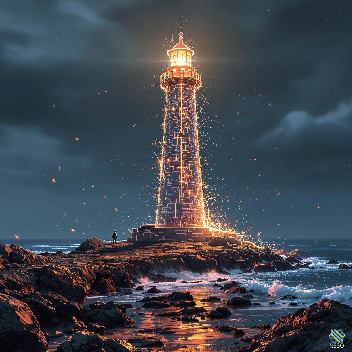 Glowing Lighthouse Sparks on Rocky Coast