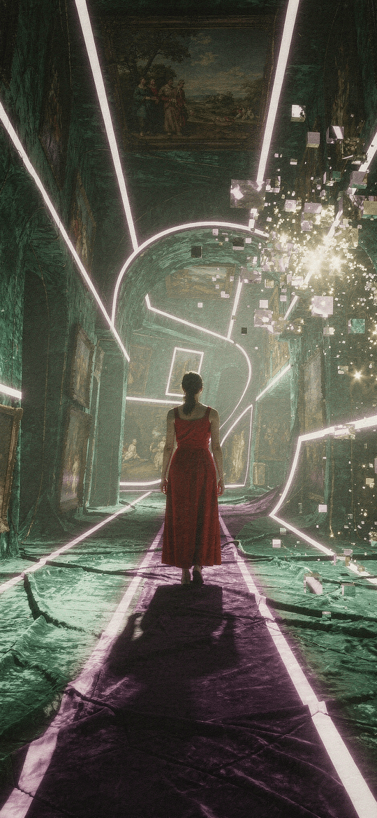 Woman in Red Walking Neon Art Corridor