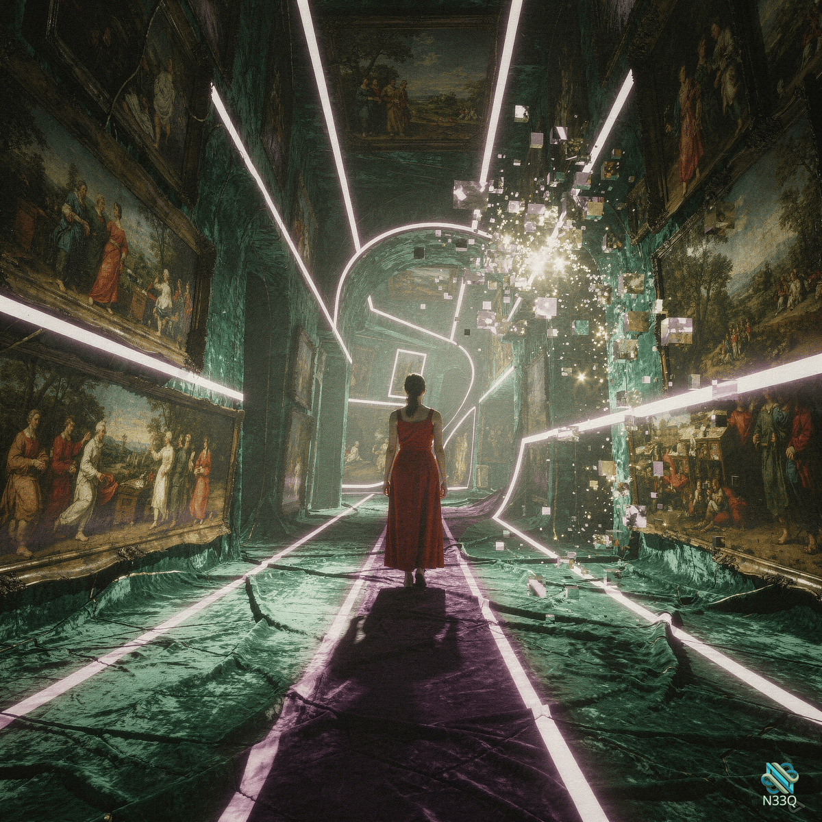 Woman in Red Walking Neon Art Corridor