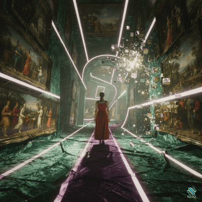 Woman in Red Walking Neon Art Corridor