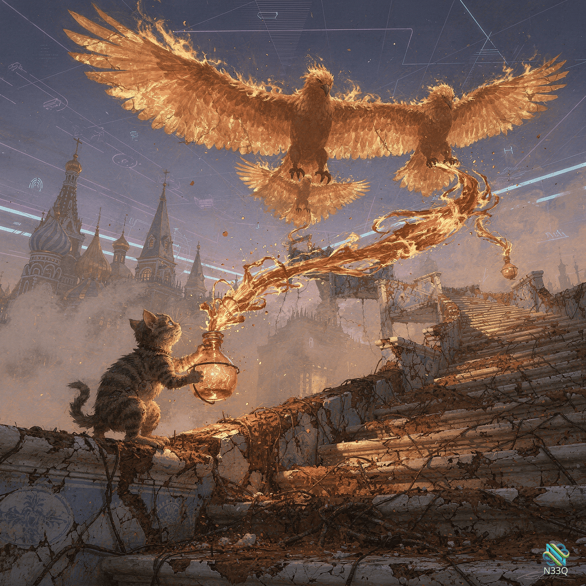 Cat Summoning Fiery Phoenix Over Ruins