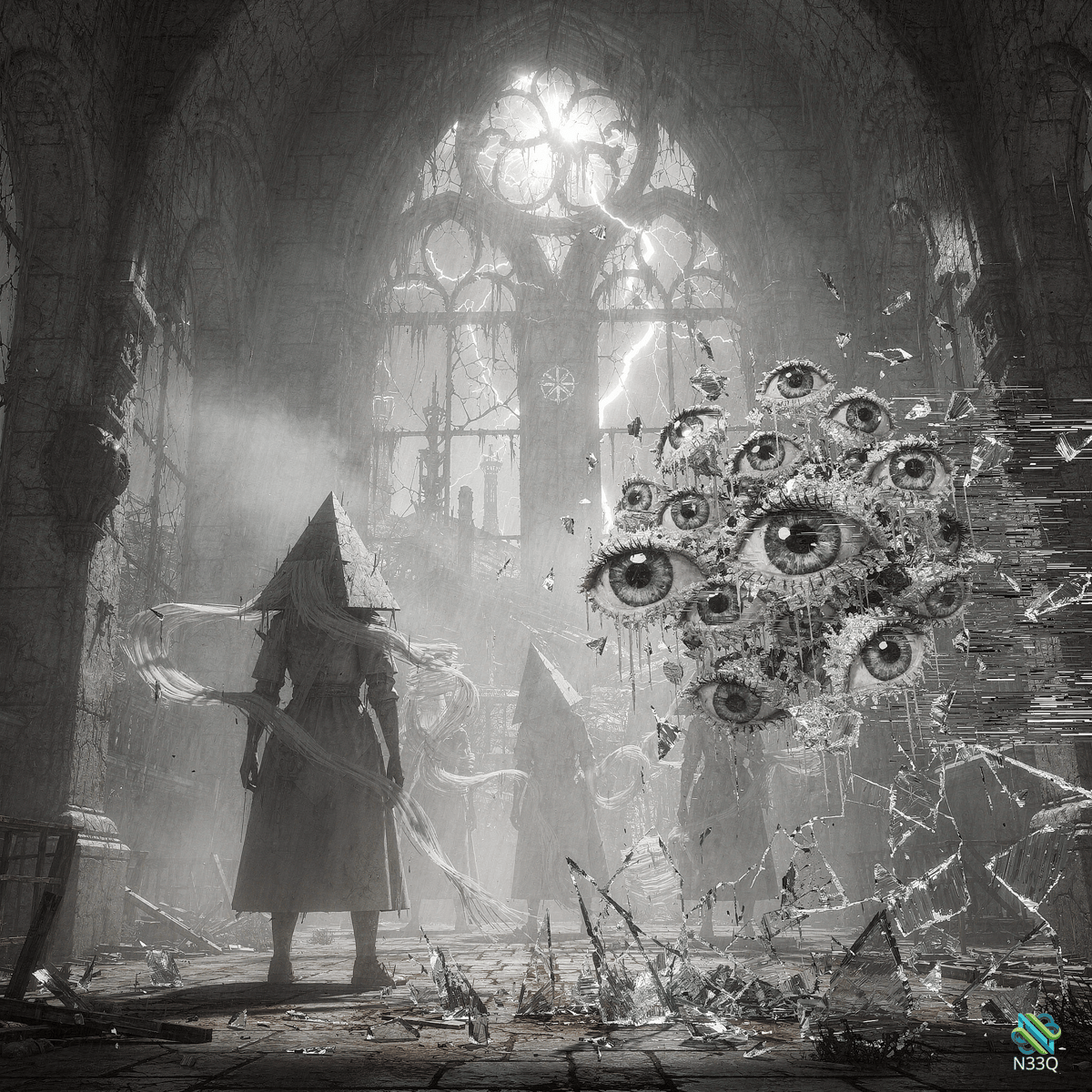 Hooded Figure with Floating Eyes in Cathedral