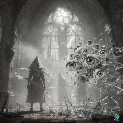 Hooded Figure with Floating Eyes in Cathedral