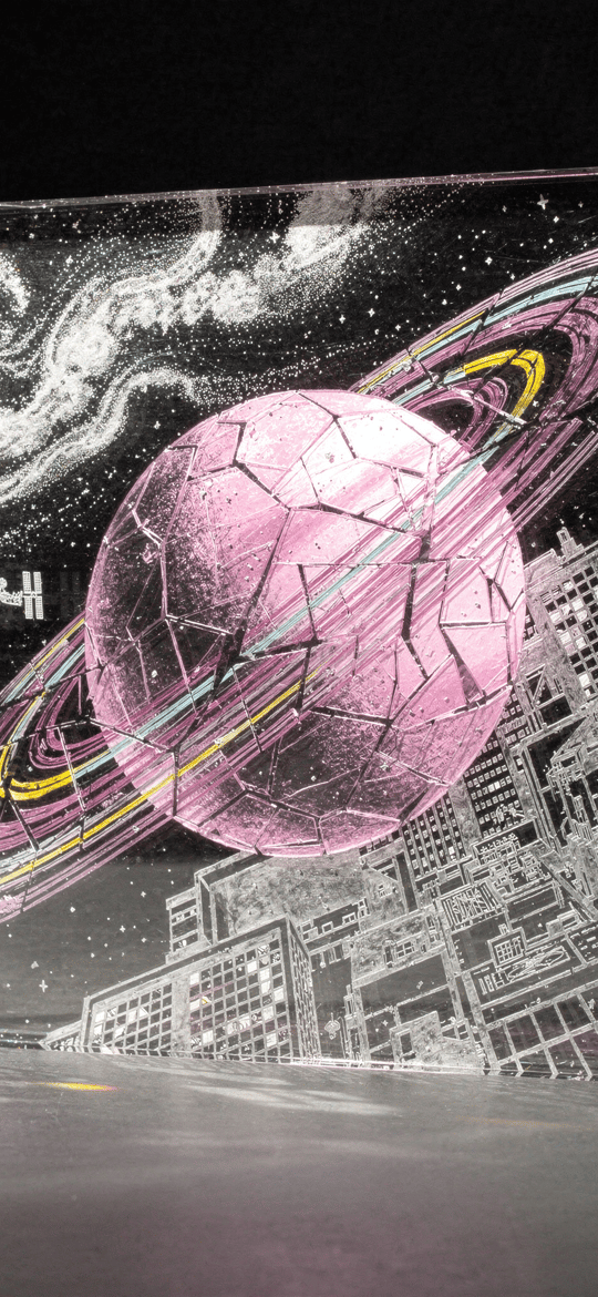 Pink Cracked Planet Over Cityscape