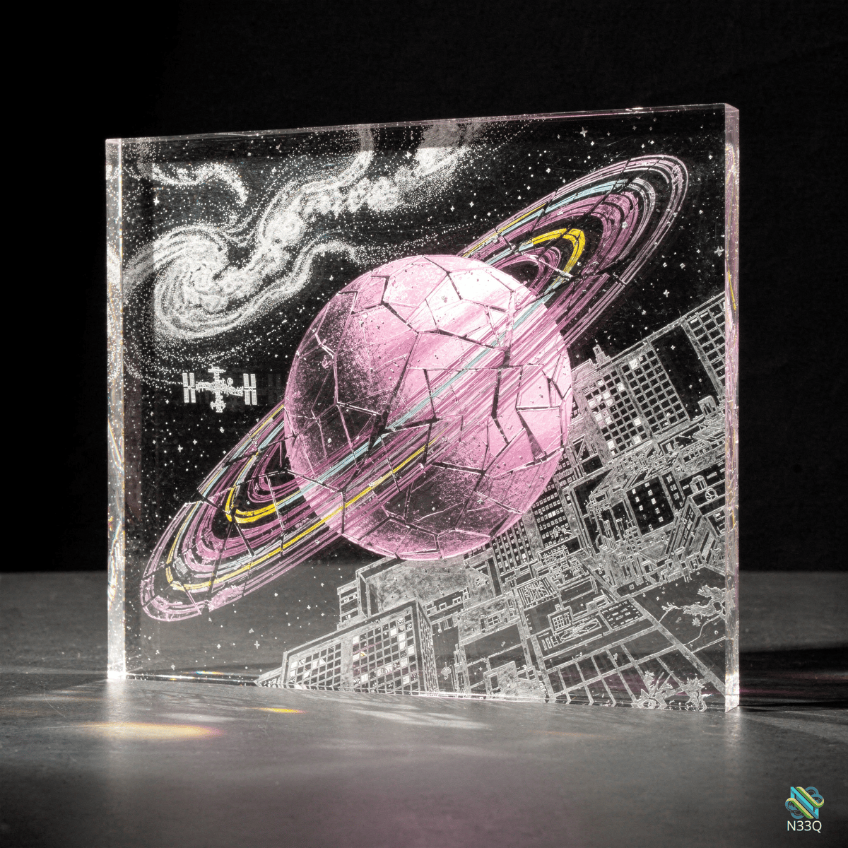 Pink Cracked Planet Over Cityscape