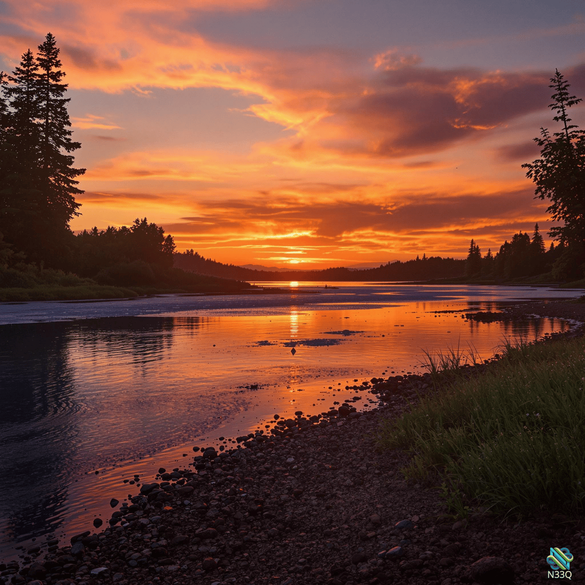 Sunset Reflection on Forested River Shore