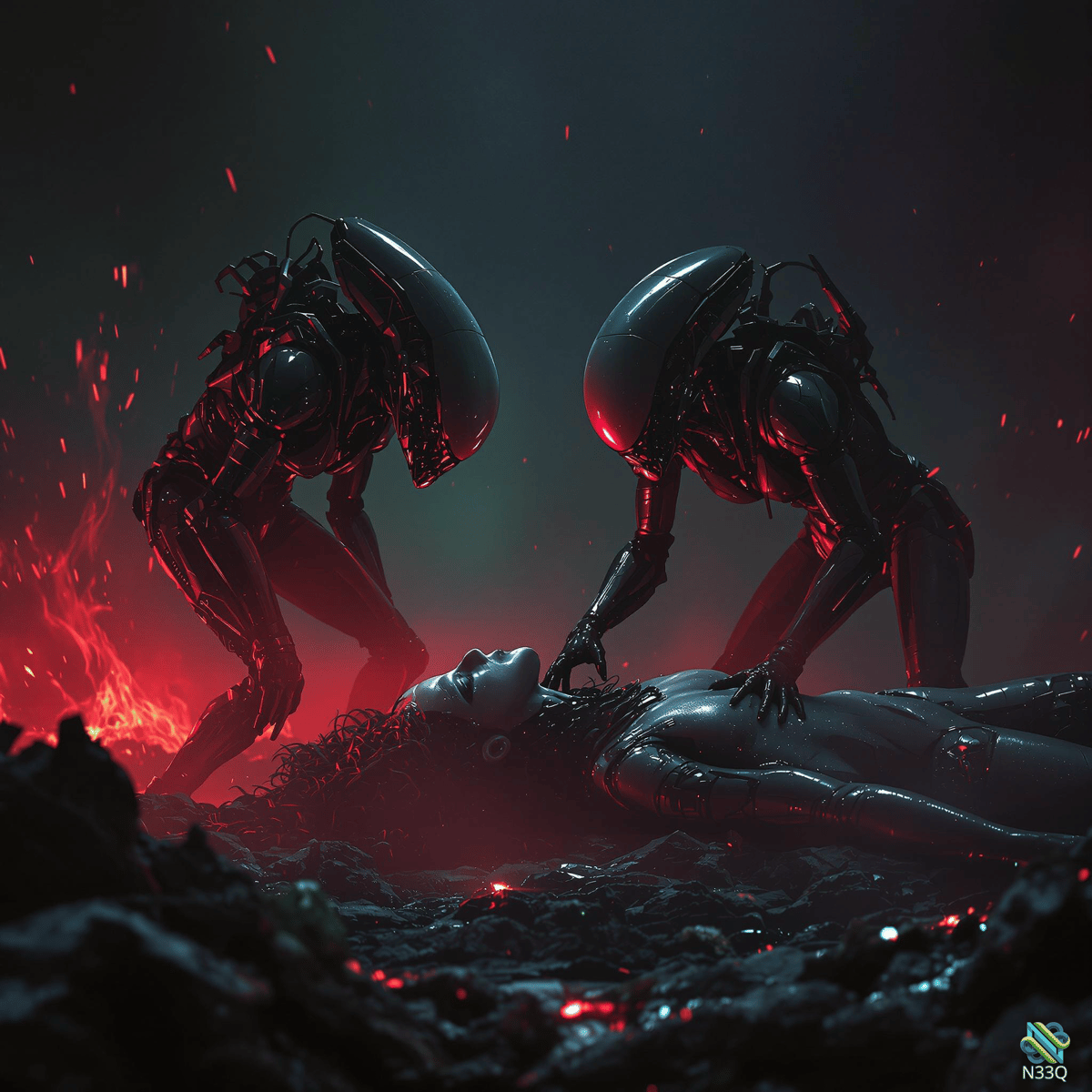 Xenomorphs Over Fallen Woman on Rocks