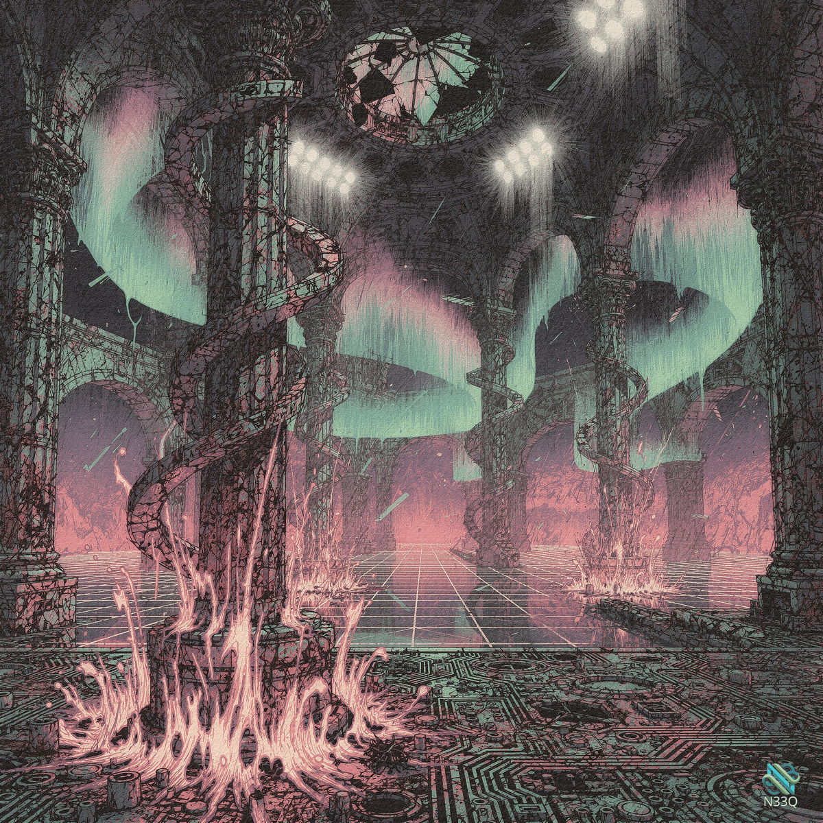 Ruined Hall with Glowing Vines and Flames