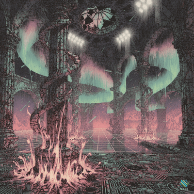 Ruined Hall with Glowing Vines and Flames