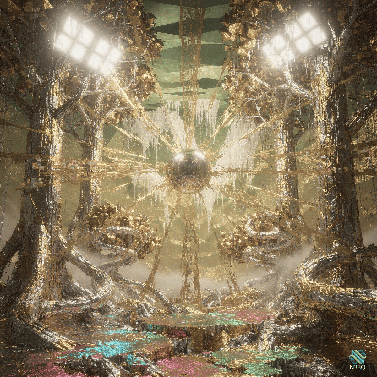 Metallic Sphere in Golden Fractured Forest