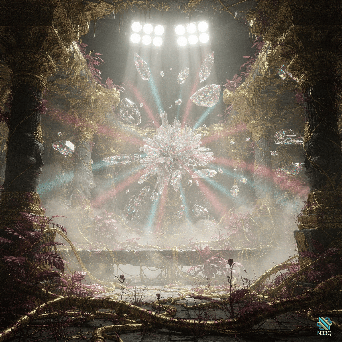 Crystal Starburst in Ancient Temple Ruins
