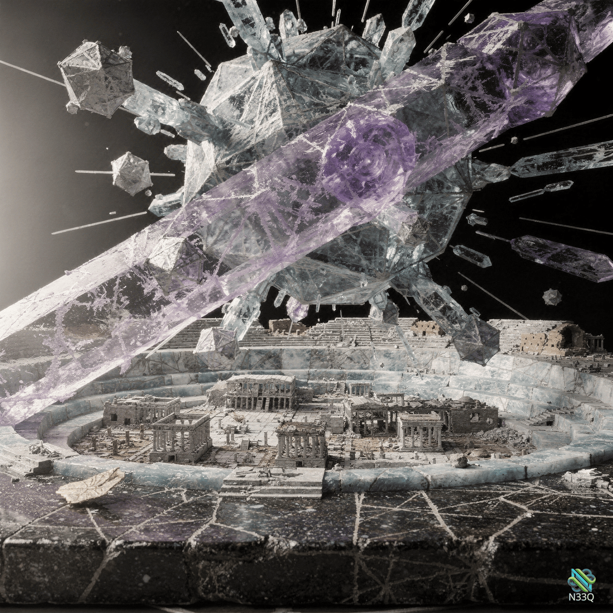Shattering Purple Crystals Over Ancient Ruins