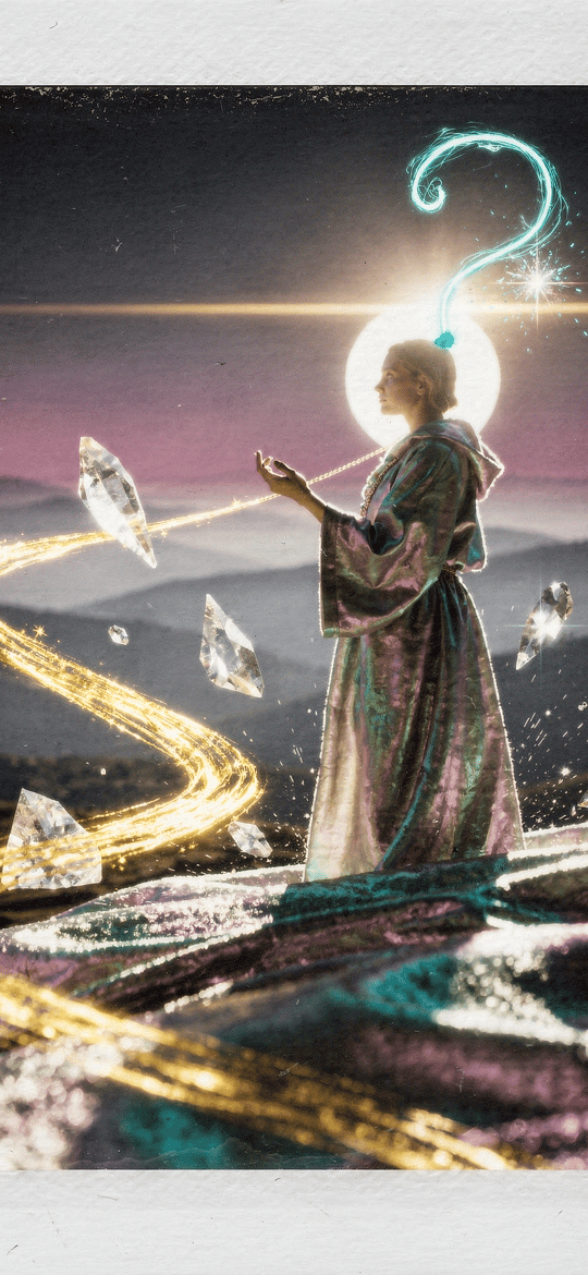 Robed Figure with a Golden Path and Floating Crystals