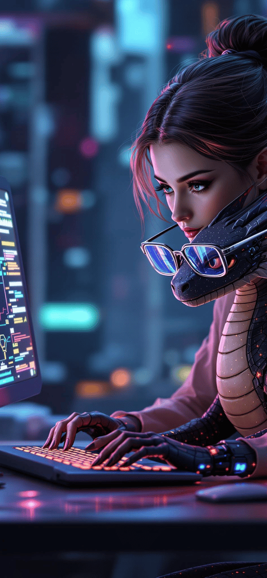 Cybernetic Dragon Woman Coding at Night