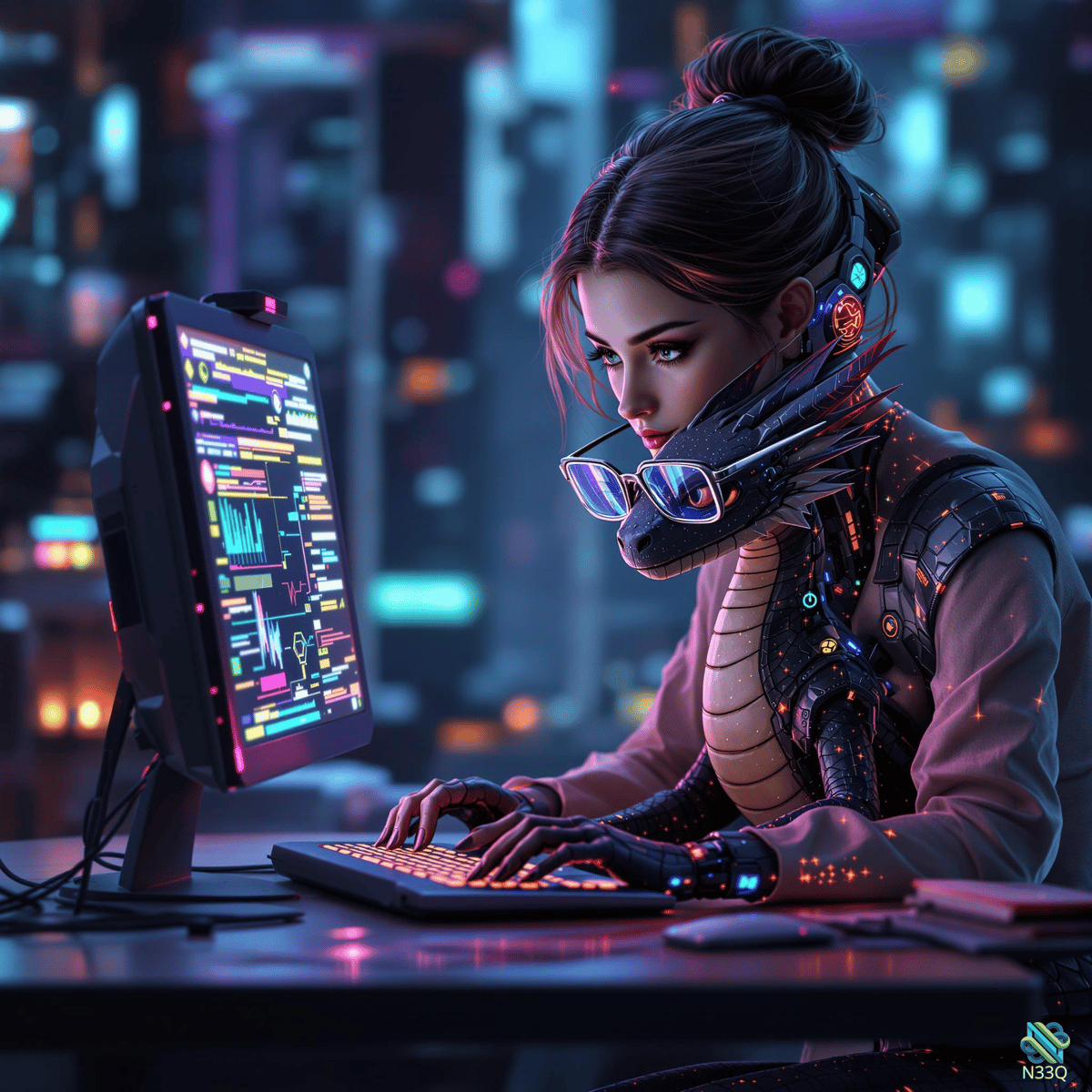 Cybernetic Dragon Woman Coding at Night