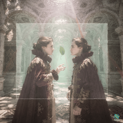 Two Women in Ornate Gowns Facing a Floating Leaf