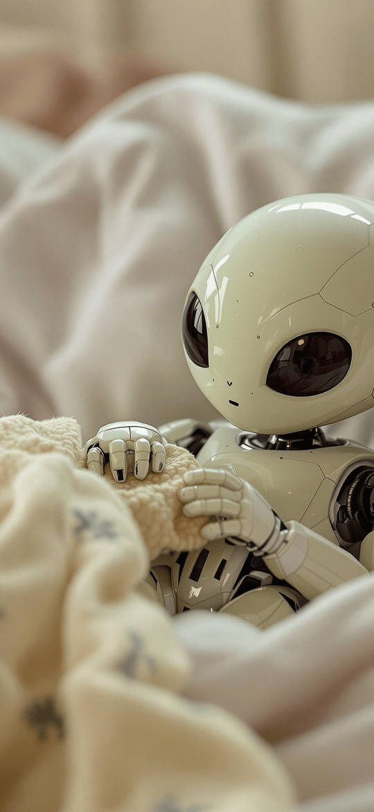 Small White Alien Robot in Bed