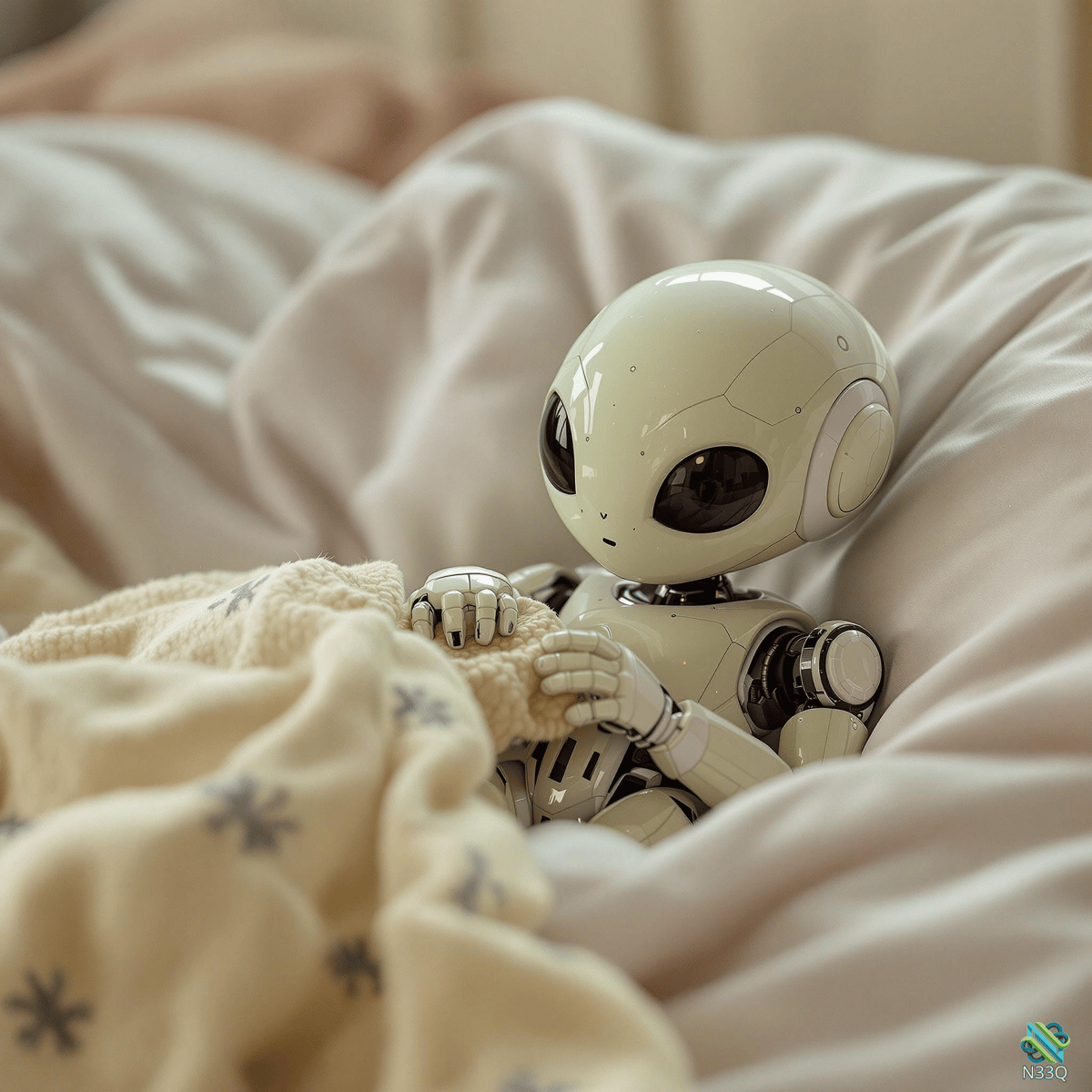 Small White Alien Robot in Bed