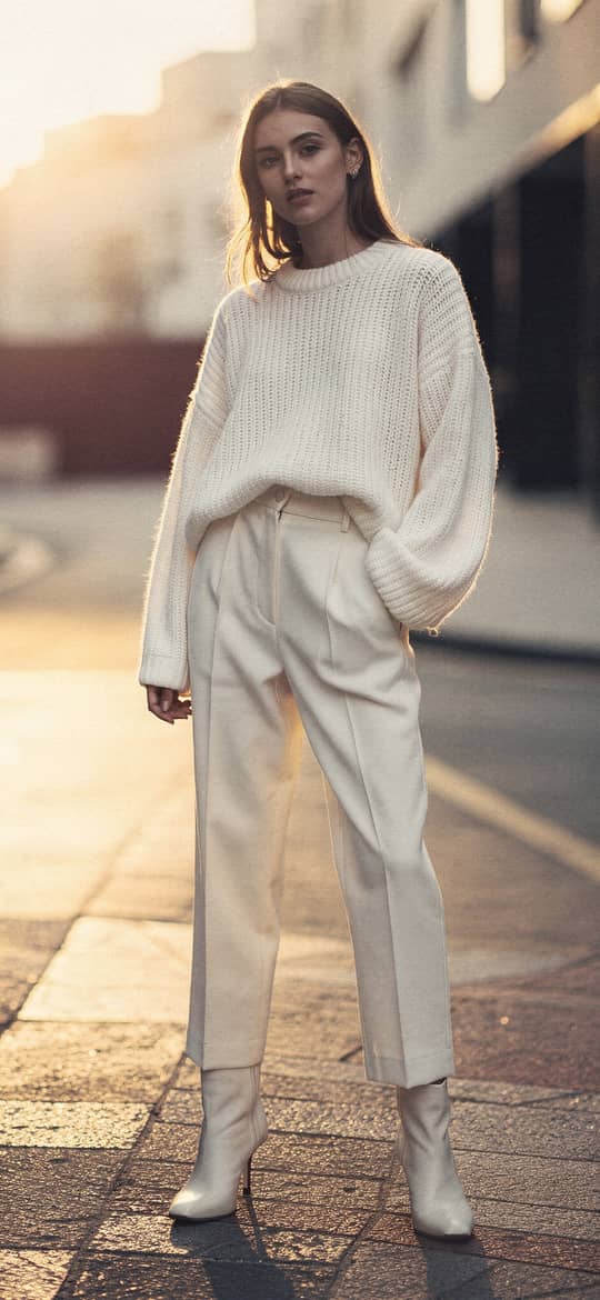 Woman in White on Golden Hour Street
