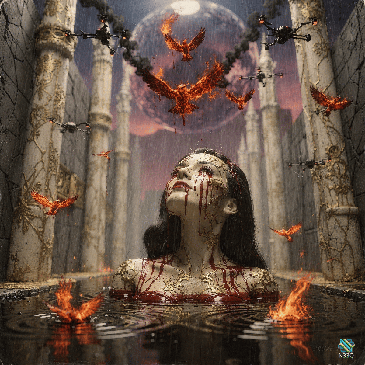 Cracked Woman in Flooded Temple Ruins