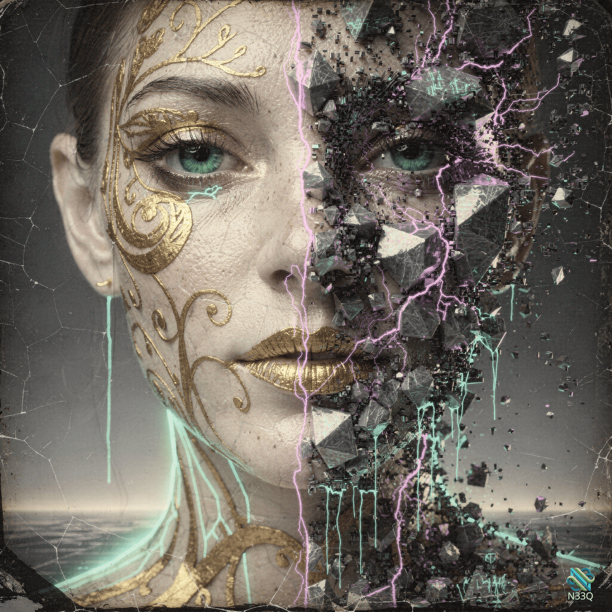 Woman's Face Split by Gold and Shatter