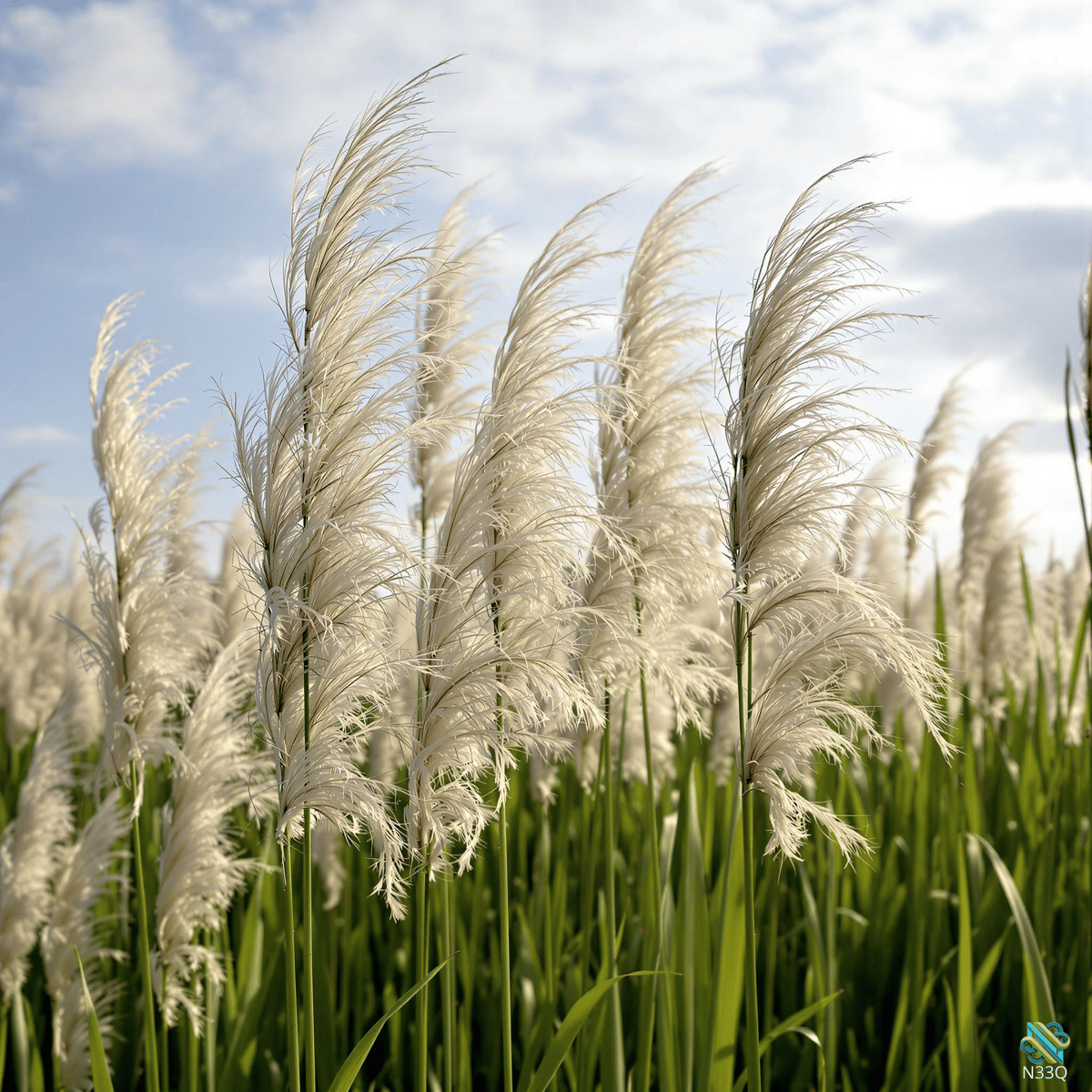 White Pampas Grass Swaying Under Blue Sky
