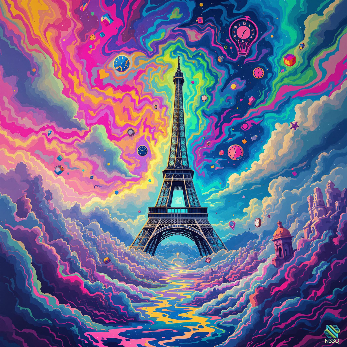 Eiffel Tower Amidst Swirling Neon Clouds