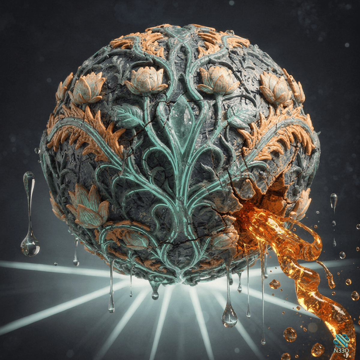 Cracked Floral Sphere Leaking Molten Orange