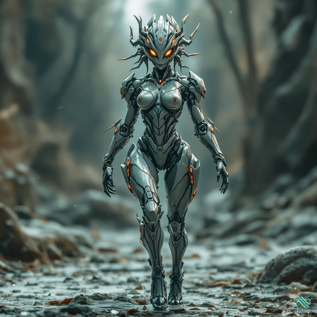Armored Female Android on Rocky Path