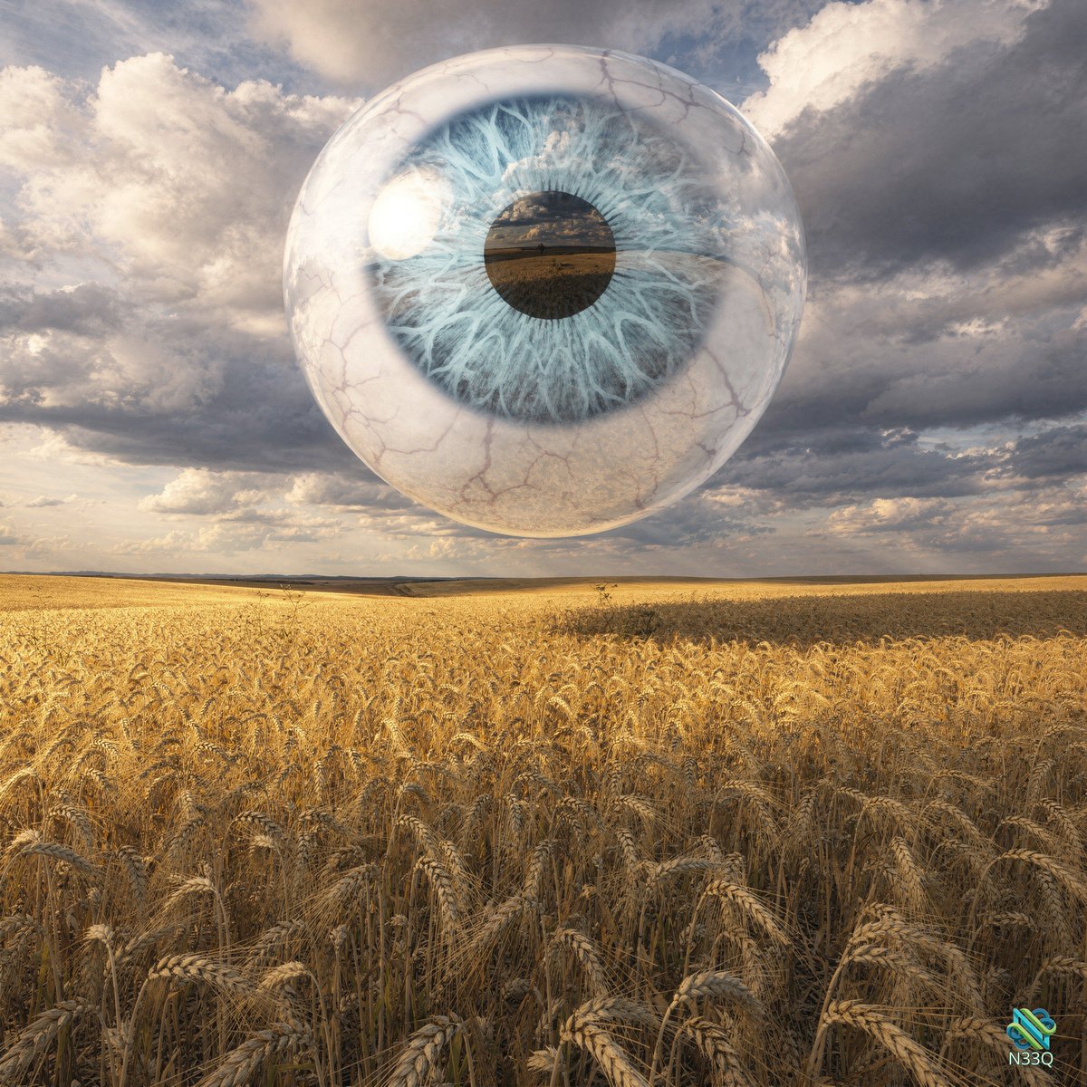 Giant Eyeball Over Golden Wheat Field