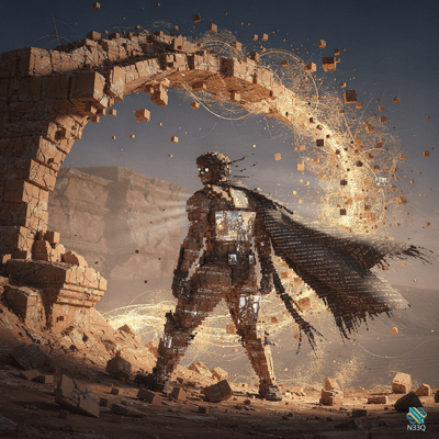 Disintegrating Voxel Warrior in Desert Ruins