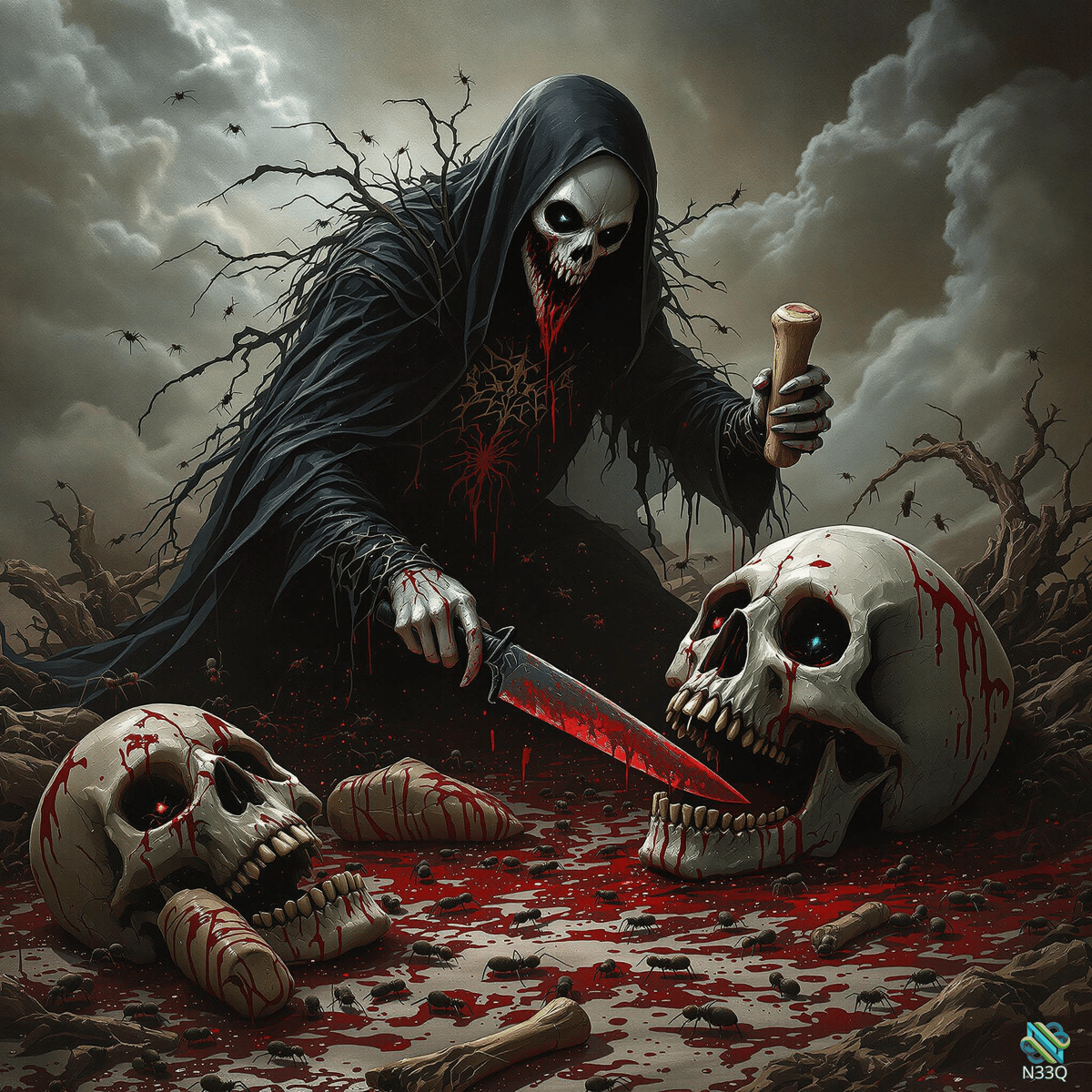 Grim Reaper Among Bloodied Skulls and Bones