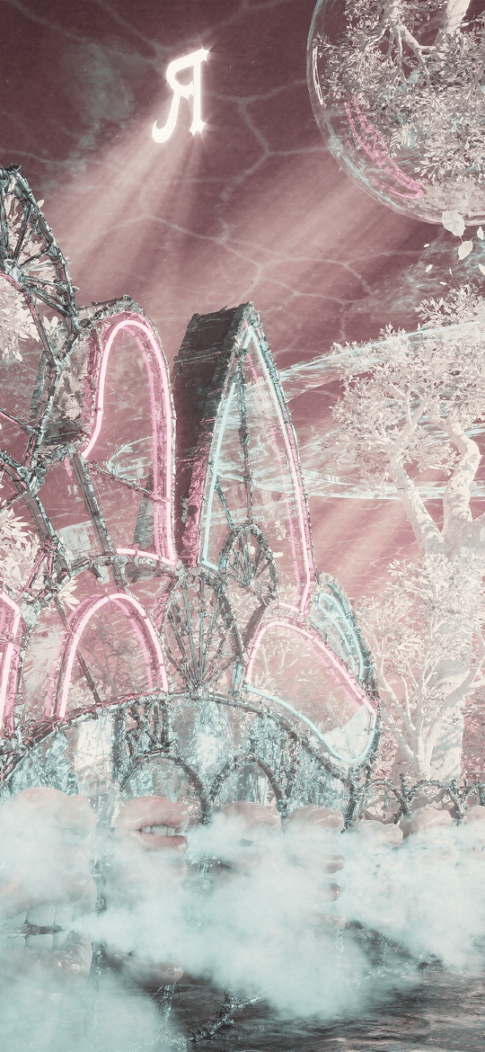Neon Arches Beneath Glowing Orb and Mist