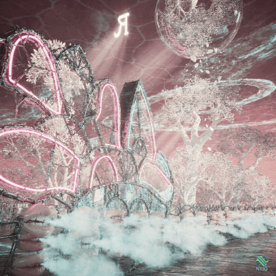 Neon Arches Beneath Glowing Orb and Mist