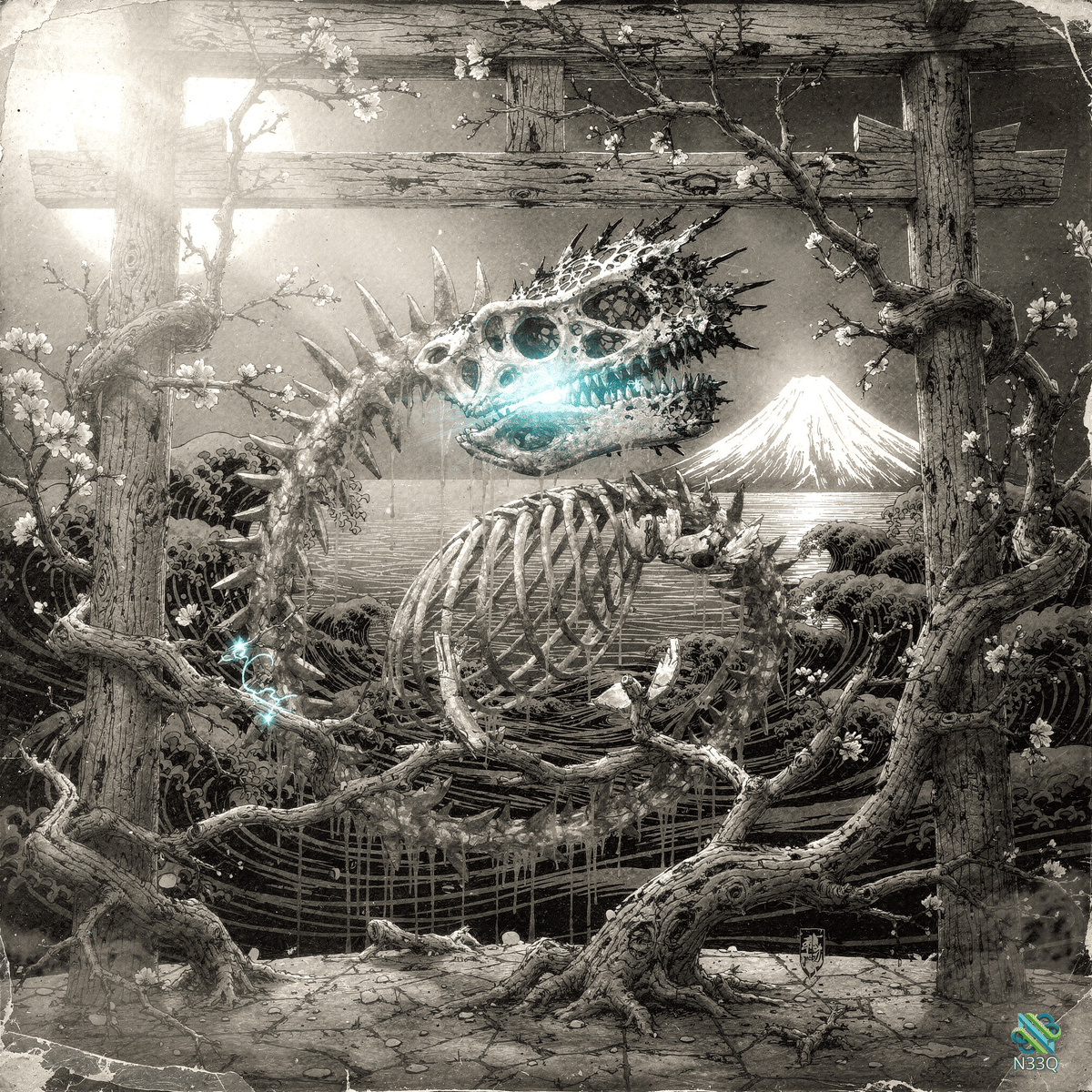 Glowing Skeletal Dragon in Torii Frame