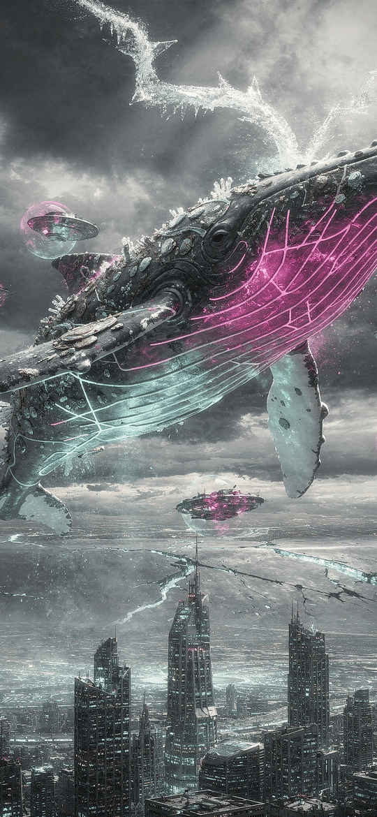 Mechanical Whale Flying Over a Stormy City