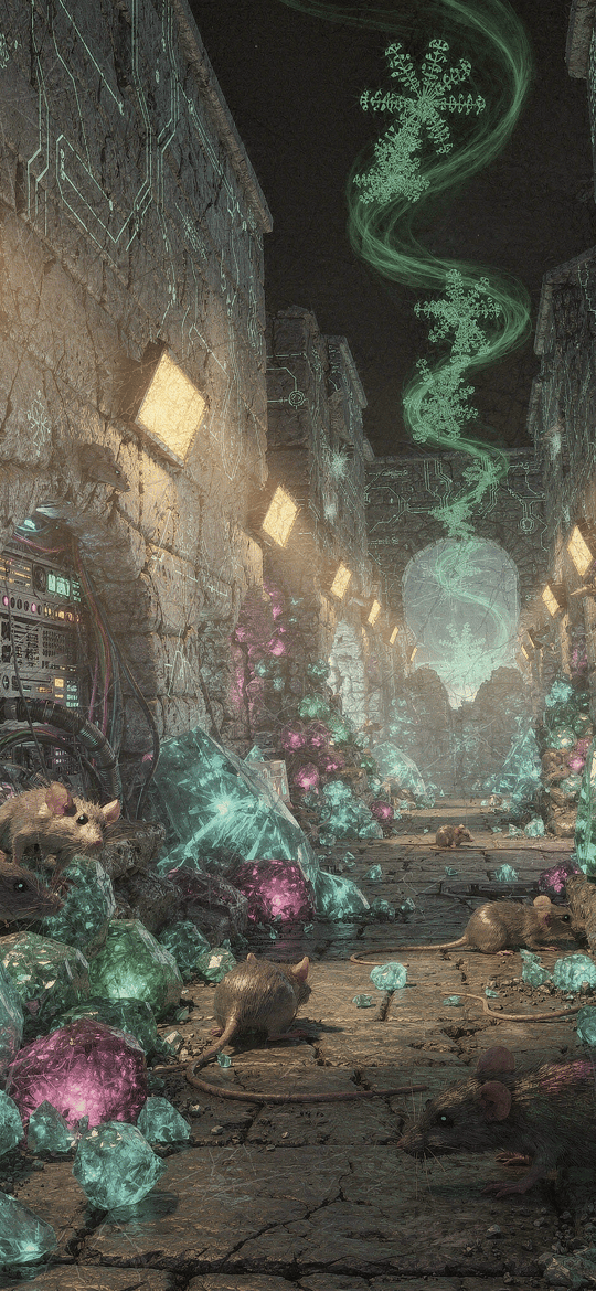 Rats Amidst Glowing Crystals in Dark Alley