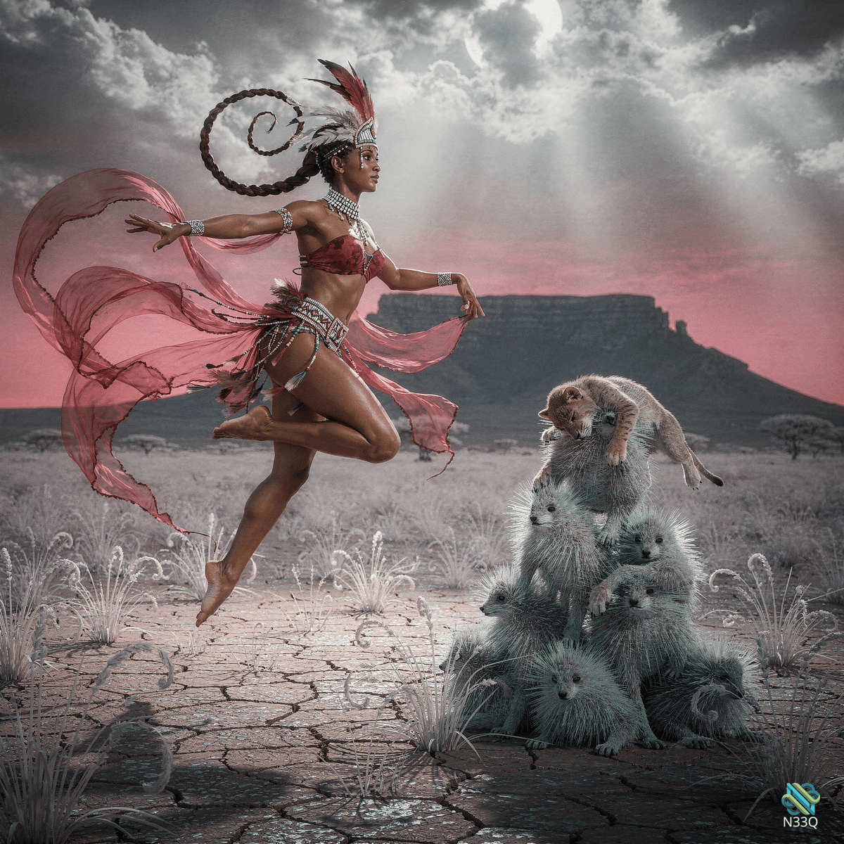 Dancer Leaping by Tower of Meerkats