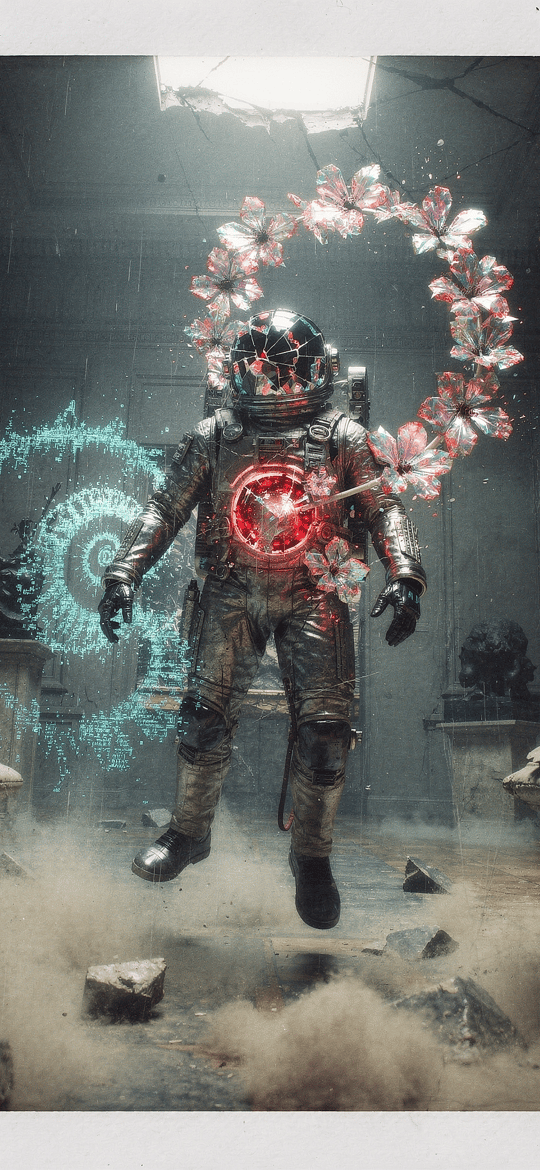 Astronaut Floating in Ruined Museum