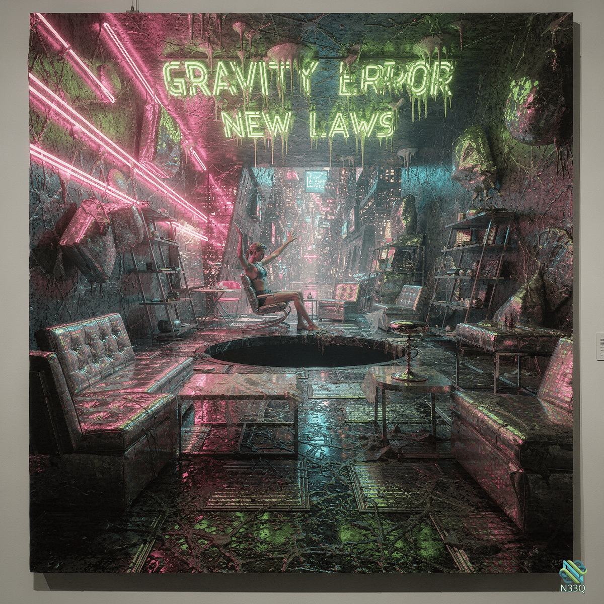 Woman Levitating in Neon Gravity Lounge