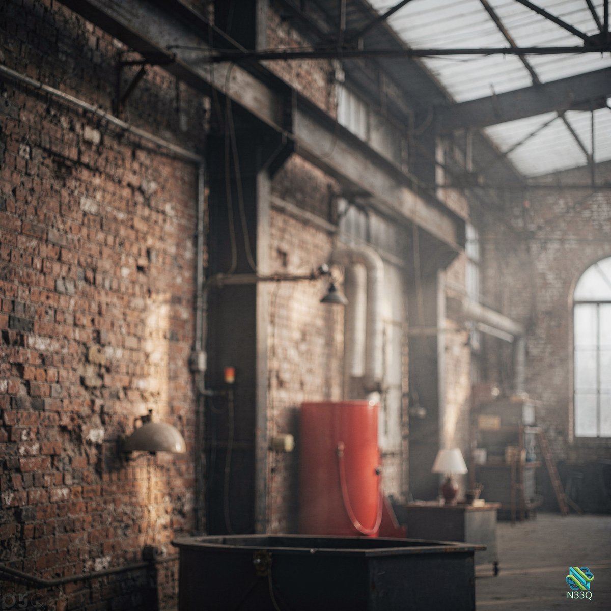 Industrial Factory Interior with Red Tank