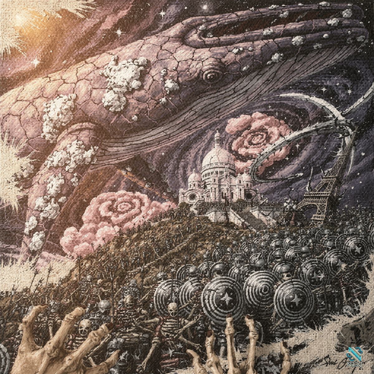 Skeletal Army Beneath Giant Cracked Hand Over Paris