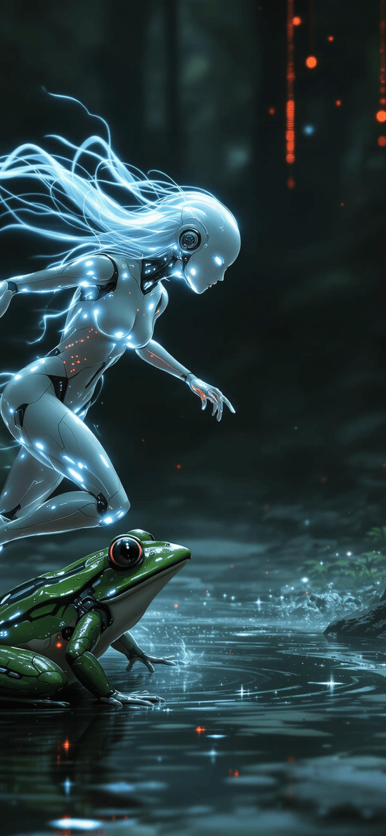 Luminous Cyborg Leaping Over Green Frog