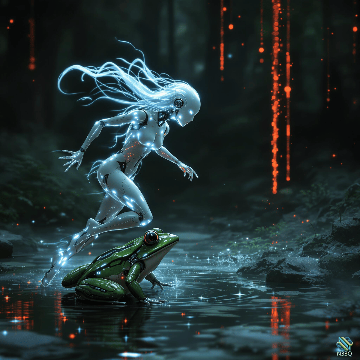 Luminous Cyborg Leaping Over Green Frog